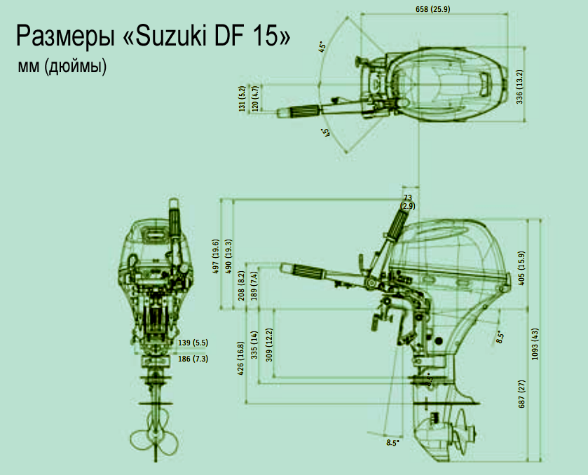 Размеры подвесного лодочного мотора «Suzuki DF 15»